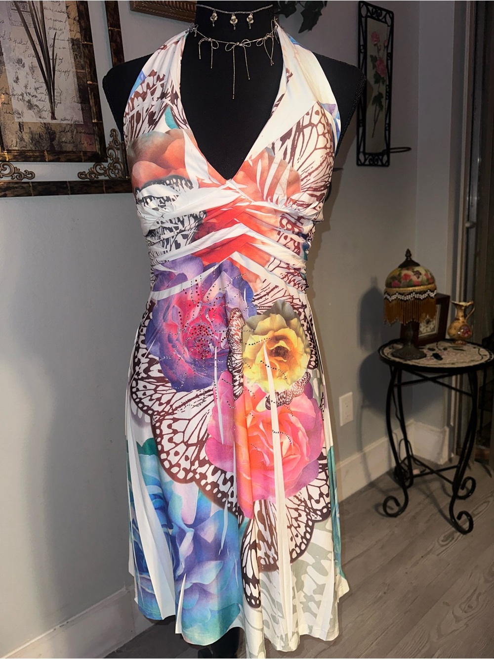 Vintage Y2K Floral Butterfly Halter Tie Midi Dress - White Multicolor Pink